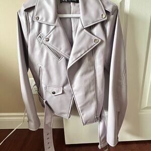 Zara Purple Leather Moto Jacket with Asymmetrical Zipper